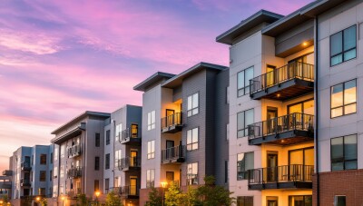 Row of modern apartment buildings at dusk