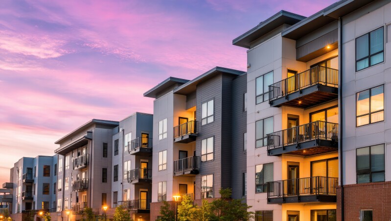 Row of modern apartment buildings at dusk